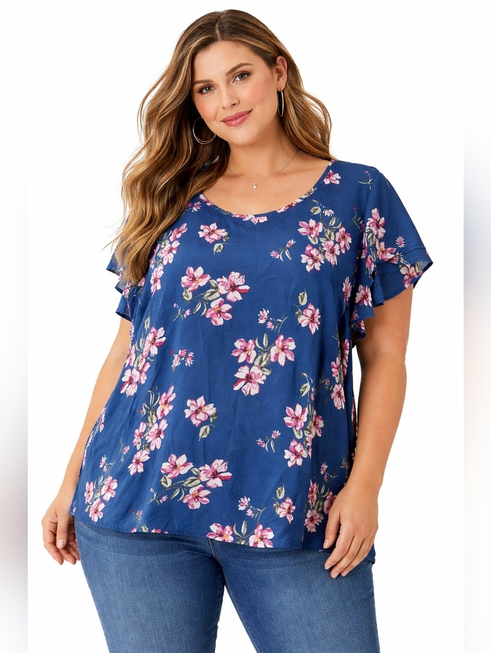 Torrid Plus Size 3 Floral Blouse Blue Pink Flutter Sleeve Lightweight Scoop Neck